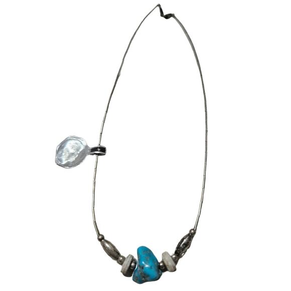 1970s Sterling Silver Liquid Shell Beads Turquoise Boho Bohemian Necklace - Picture 1 of 4